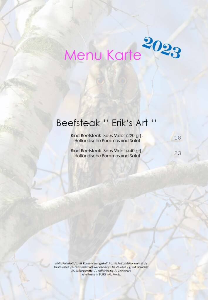 Menu kaart Steak